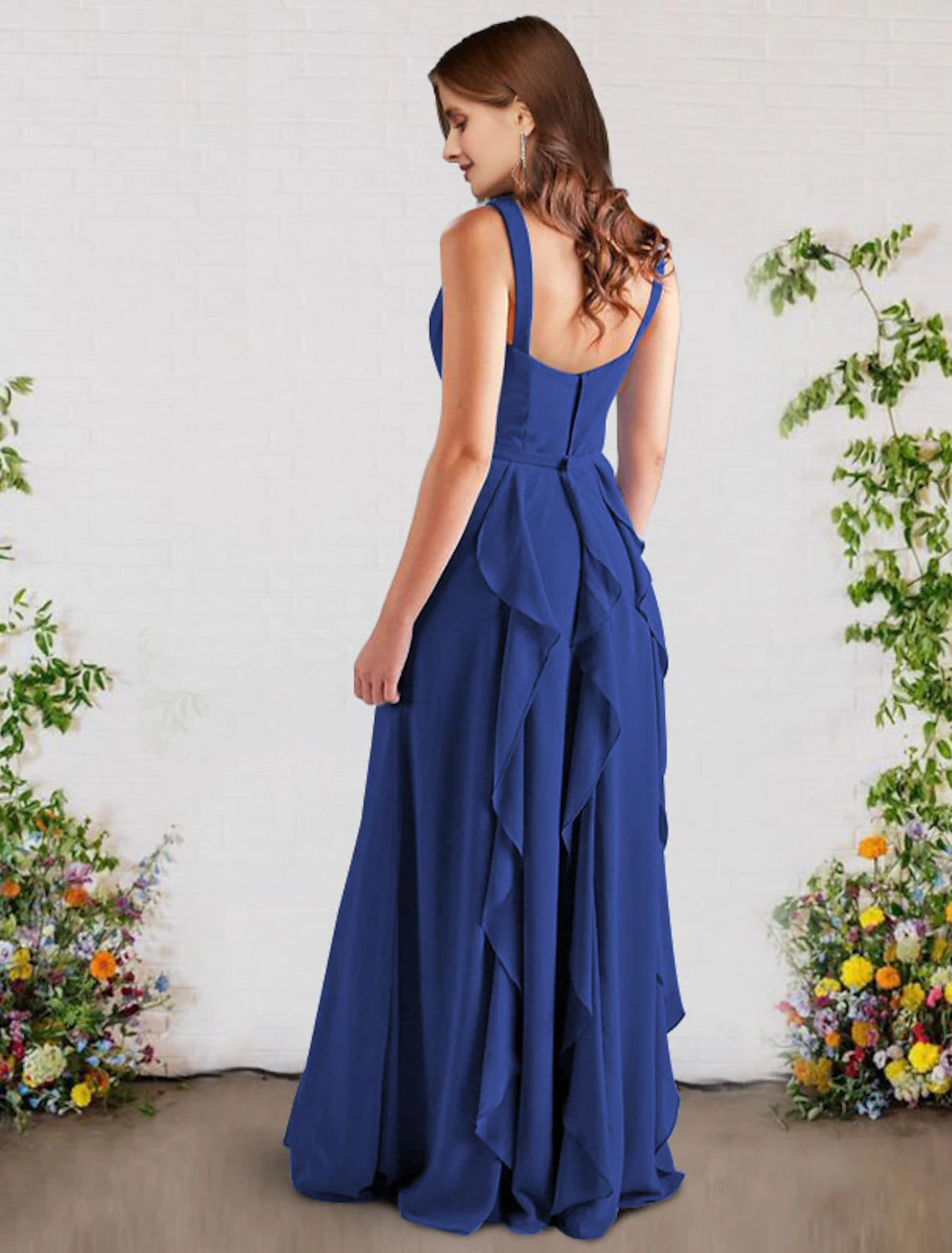 Abito da damigella d'onore a trapezio, elegante, senza maniche, in chiffon, lungo fino al pavimento, con scollo a V e volant